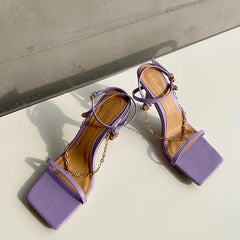Cyflymder Summer Elegant Women Purple High Heels Chain Sandals Designer Open Toe Green Yellow Stiletto Heels Sandals Nightclub Shoes