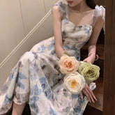 Cyflymder Elegant Strap Floral Midi Dress Women Vintage Sweet Print Princess Boho Blue Dress Classy Party Holiday Fairy Dress Summer