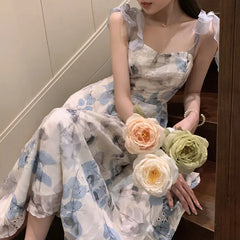 Cyflymder Elegant Strap Floral Midi Dress Women Vintage Sweet Print Princess Boho Blue Dress Classy Party Holiday Fairy Dress Summer