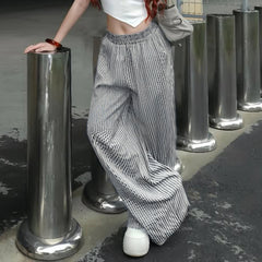 Cyflymder Textured Woven Elastic Waist Pants Low Waist Striped Wide Leg Trousers for Daily Summer Women Casual Straight Pant y2k