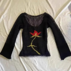 Cyflymder Y2k American Harajuku Streetwear Flower Print Design O Neck Long Sleeve Pullovers Vintage Gothic French Thin Knitted Jumpers