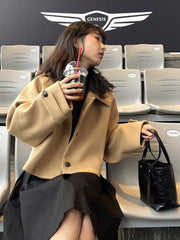 Cyflymder Retro Chic Lapel Single Button Woolen Coat ort Loose Sle for Small Figures Women's Faionable Outerwear