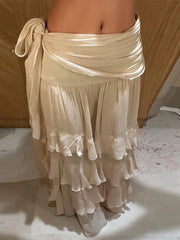 Cyflymder Solid Waist Tie Ruffle Tiered Maxi Skirt Flowy Chiffon Layered High-Waist Long Skirts Summer Casual Fashion Beach Outfit