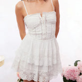 Cyflymder WHITE LACE TRIM SLEEVELESS dress women straps sexy tiered ruffled summer dress new 2025 sexy women party dresses