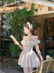 Cyflymder French Style Hot Girl Floral Dress Women's Spring Lace Slim Fit Square Collar Strap A-line Short Dress Fashion Female Clothes