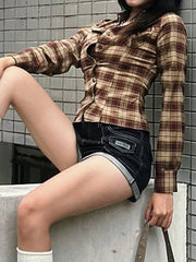 Cyflymder Y2k American Retro Sexy Slim Plaid Streetwear Single Breasted All Match Pockets Women Shirt
