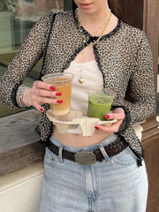 Cyflymder See Through Leopard Printed Mesh T Shirt Cardigans Sexy Slim Lace Trim O-Neck Long Sleeve Split Tees Women 2025 Summer