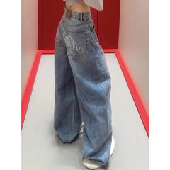 Cyflymder Blue Vintage Letter Rhinestone Women Jeans Washed High Waist Wide Leg American Style Baggy Denim Pants Y2k Streetwear