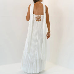 Cyflymder Womens Pleated Strapless Tube Maxi Dress with Scarf Maternity Silk Satin Formal Cocktail Flowy Long Dresses Elegant