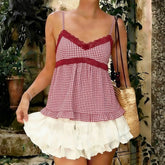 Cyflymder Y2K Aesthetics Plaid Lace Patchwork V-neck Camisole Sweet Girl's Cute A-line Mini Tops Summer Fashion Spaghetti Straps
