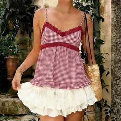 Cyflymder Y2K Aesthetics Plaid Lace Patchwork V-neck Camisole Sweet Girl's Cute A-line Mini Tops Summer Fashion Spaghetti Straps