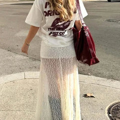 Cyflymder Vintage Sheer Lace Maternity Skirts for Women Low Elastic Waist Loose Fit Long Skirt Casual Pregnancy Skirts Fashion Streetwear