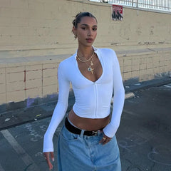 Cyflymder Woman’s Sweatshirt Fashion Casual Zipper Long Sleeveless V-NeckStreetwearY2k Slim Tops Tees Female Blusas