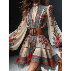 Cyflymder Bohemia Floral Printed Elegant Women Dress Lace Up Vintage Lantern Sleeve High Waist Autumn Holiday Mini Dress Ethnic Vestidos