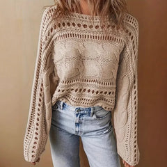 Cyflymder Vintage Loose Slash Hollow Women Sweater Long Sleeve Knitted Pullover Autumn Elegant Harajuku Jumper Knitwear Top Solid Casual