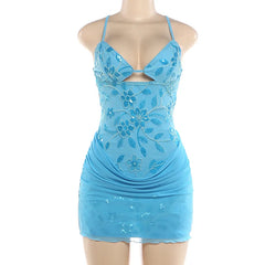 Cyflymder Floral Sequins Patchwork Ruched Mesh Bodycon Camisole Mini Dress Women Sexy V Neck Spaghetti Straps Backless Slim Party Clubwear