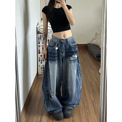 Cyflymder Vintage American High Street Curved Ripped Jeans Women High Waist Loose Wide Leg Flattering Washed Denim Pants New Trendy