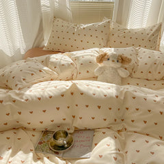 Cyflymder Duvet Set Double Yarn Four-piece Set Class A Aerobic Knitted Cotton Printed Love Bed Cover Skin Friendly Breathable Bedding