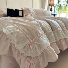 Cyflymder Pink Floral Double Layer Lace Ruffles 100% Cotton Bedding Set Duvet Cover Set Bed Sheet/Bed Skirt/Fitted Sheet Pillowcases 4Pcs