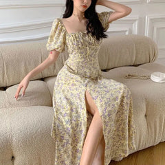 Cyflymder Elegant Square Collar Long Dress Women's Clothing Fashionable Drawstring Summer French Style Broken Flowers A-Line Waist Dresses