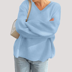 Cyflymder Autumn Women’s Loose Fit Casual Solid Color Long Sleeve V-Neck Knit Sweater Fashion Pullover Top