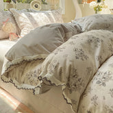 Cyflymder Vintage Flowers Print Lace Ruffles Bedding Set 100% Cotton Thick Brushed Fabric Duvet Cover Bed Sheet/Fitted Sheet Pillowcases