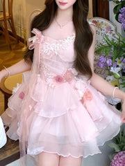 Cyflymder New Pink Fairy Lace Fluffy Mini Dress Girl Summer Sweet Floral Mesh Ruffle Dresses Aesthetic Party Sleeveless Slim Clothing