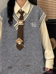 Cyflymder Japanese Cartoon Embroidery Women Sweater Vest Harajuku Loose Patchwork Waistcoat Y2k Aesthetic Irregular Knitted Grunge Tanks