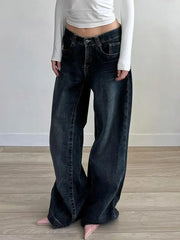 Cyflymder Women's Dark Blue Relaxed Fit Jeans Y2K Retro Low Waist Straight Denim Pants 90S Street Style Loose Trousers Korean Versatile