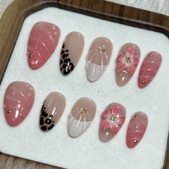 Cyflymder 24Pcs Mid-length Almond Fake Nails Press on Blue Gradient 3D Flower Full Cover Nails Tips Pearl Wearable Artificial False Nails