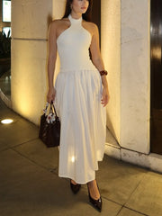 Cyflymder Elegant backless dress for women casual knitted tight top stitching pleated long skirt summer party dinner date sexy midi skirt