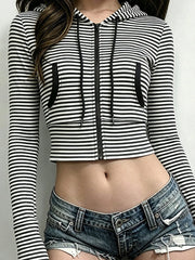 Cyflymder Y2k Korean Striped Print Contrast Color Hooded Zipper Pockets Slim Casual Knitted Short Jackets