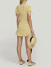 Cyflymder French Pastoral Style Printed Dress for Women O Neck Short Sleeve Spliced Lace Up Slimming Short Dresses Female New