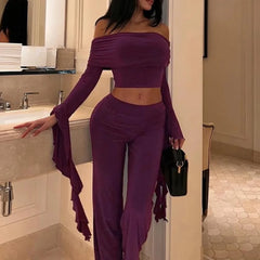 Cyflymder Fashion 2 Piece Set Women Elegant Ruched Slash Neck Off Shoulder Ruffles Flare Long Sleeve Crop Tops + Wide Leg Pants Suits