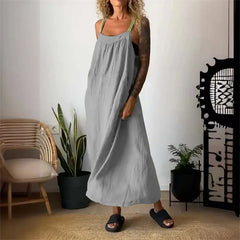 Cyflymder Women Cotton Linen Solid Color Dresses Side Pocket Backless Suspenders Dress Female Daily Comfortable Casual Commuter Gown