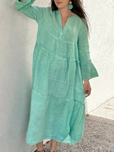 Cyflymder Simple Autumn Flare Sleeve Cake Party Dress Fashion Solid Loose Cotton Linen Dress Women Spring V Neck Button Pleated Long Dress