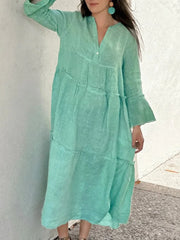 Cyflymder Simple Autumn Flare Sleeve Cake Party Dress Fashion Solid Loose Cotton Linen Dress Women Spring V Neck Button Pleated Long Dress
