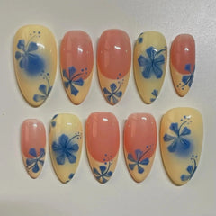 Cyflymder 10Pcs Handmade Manicure Medium Almond Fake Nails French Flower Summer Hot Limited Press On Nails with Adhesive Nail File Set