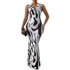 Cyflymder Women Slim Wrap Hip Dresses Geometry Print Sleeveless V Neck Stretch Dress Female Commuter Daily Casual Party Floor Length Gown