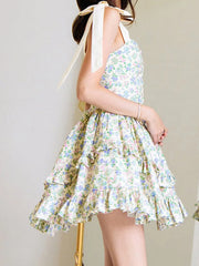 Cyflymder Elegant Sleeveless Floral Print Mini Dress with Bow Tie Shoulder Detail and Flirty Ruffle Hem - A Line Swing Dress for Women
