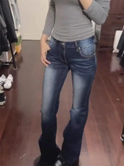 Cyflymder Y2k Vintage Low Waist Women Flared Jeans Washed Basic American 2000s Style Denim Pants Slim Gyaru Streetwear Trousers
