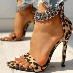 Cyflymder Metal Chain High Heels Women's Rome Summer Sexy Leopard Large Size Pointed Sandals Leisure Party Pumps