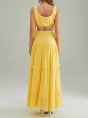 Cyflymder Women s Summer 2Pcs Outfits Lace Trim Sleeveless U-Neck Tank Tops with Long Skirt Set Party Clothes