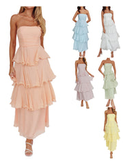 Cyflymder Elegant Off-Shoulder Maxi Dress with Ruffle Detailing and Tiered Skirt for Women Summer Solid Color Backless Dress