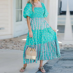 Cyflymder Bohemian Dress y2k Women Floral Print Square Neck Puff Sleeve A-Line Dress Beach Party Long Flowy Dress Streetwear