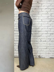 Cyflymder Blue Lace Patchwork Jeans Women Y2k Vintage Low Waist American Style Straight Denim Trousers Slim Grunge Streetwear