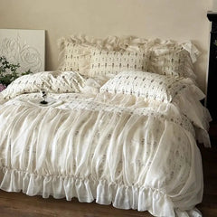 Cyflymder 4Pcs Vintage French Pure Cotton Rose Print Pleated Lace Ruffles Bedding Set Queen King Size Duvet Cover Set Bed Sheet Pillowcase