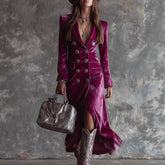 Cyflymder Elegant Women Velvet Lapel Double Breasted Long Sleeve Slit Midi Dress Autumn Winter Solid Color Slim Fit Female Party Dress