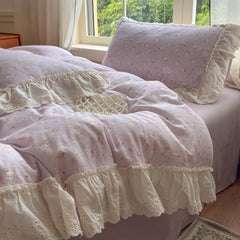 Cyflymder Korean Princess Style Floral Lace Ruffles Bedding Set 100% Cotton Double Yarn Duvet Cover Flat/Fitted Bed Sheet Pillowcases 4Pcs