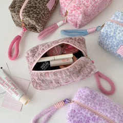 Cyflymder Girly Leopard Print Plush Makeup Bag Portable Pencil Ballpoint Pen Pouch Student Cosmetic Carry Case